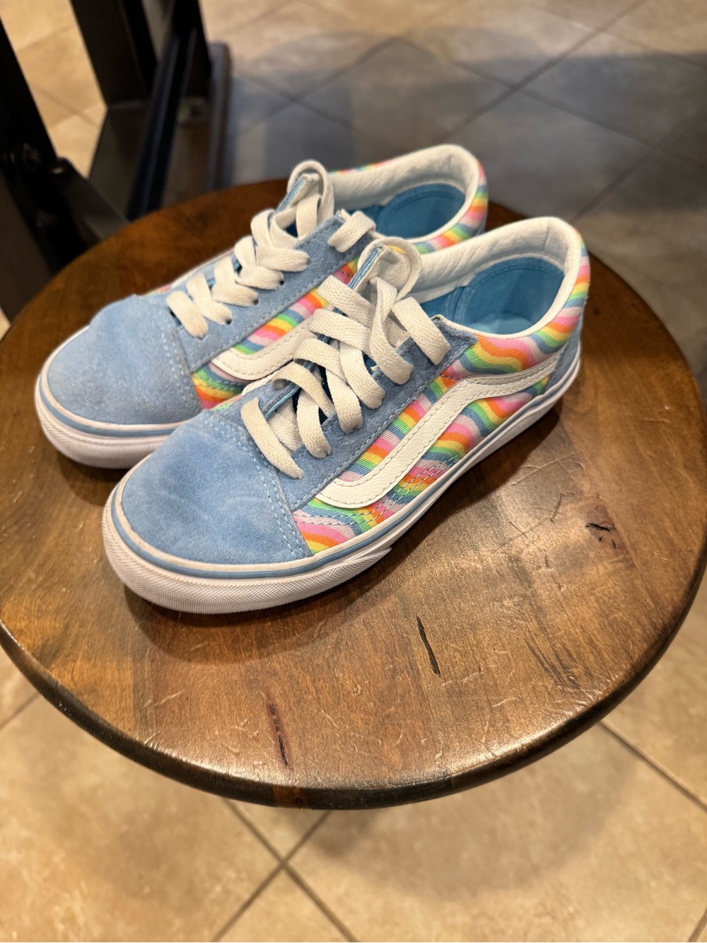 Vans Kids Light Blue Suede Sneakers with Rainbow Stripe